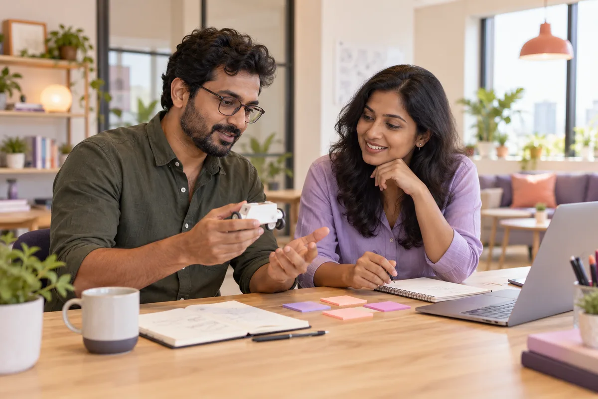 Illustration of founders discussing a product prototype