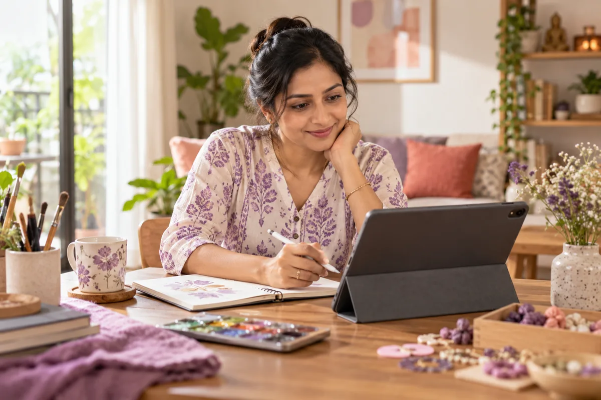 Illustration of a homemaker exploring creative digital learning at home