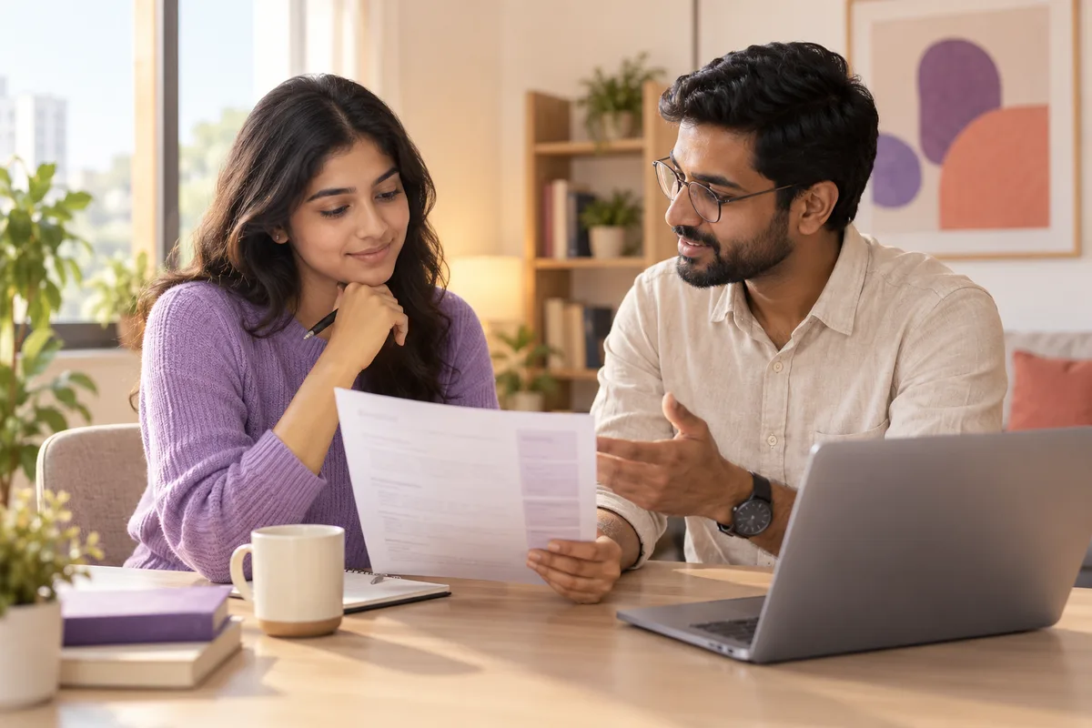 Illustration of a job seeker preparing a portfolio with a mentor