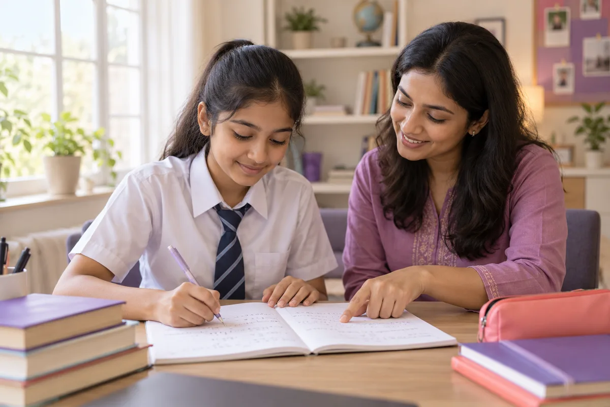Illustration of a school student practising mathematics with a tutor