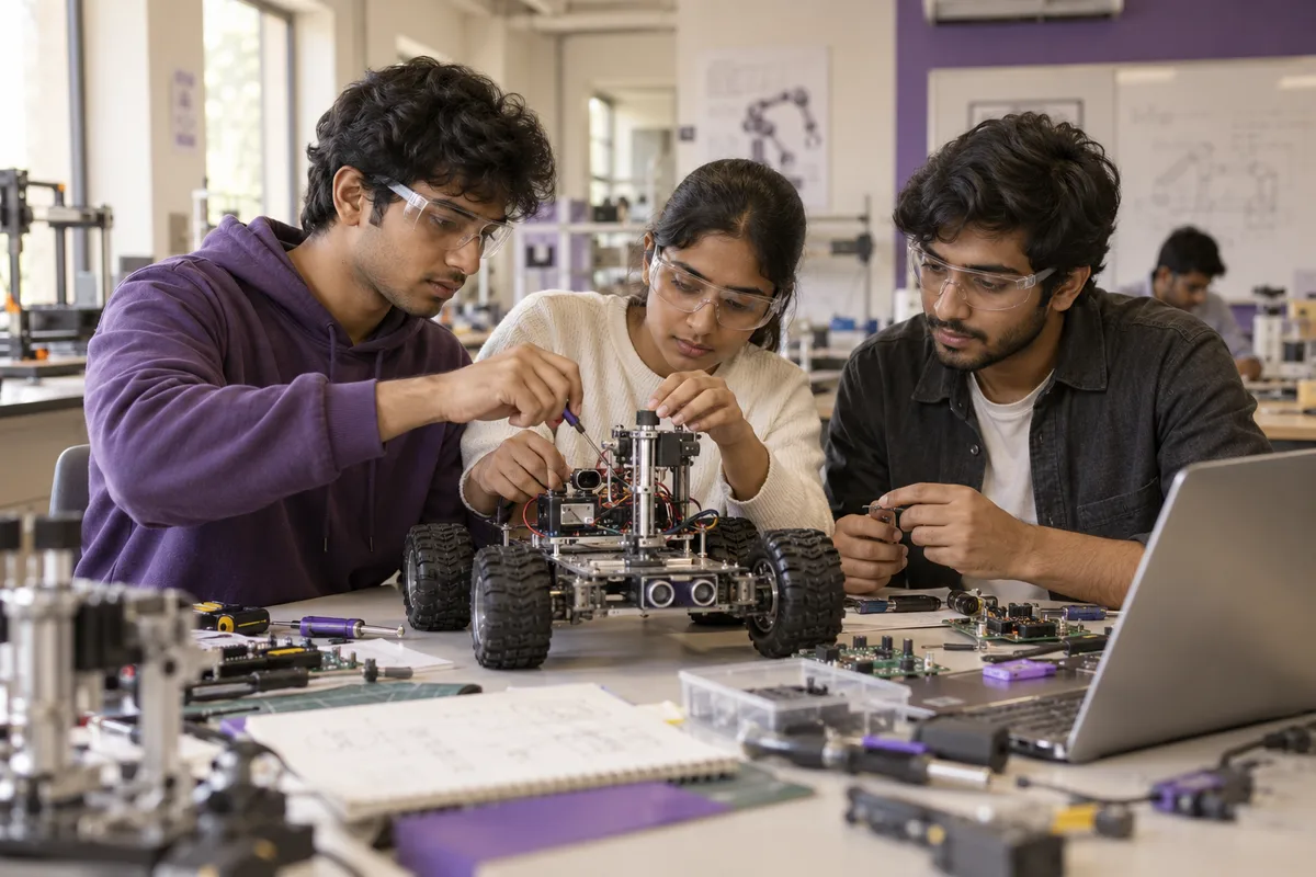 Illustrative engineering students assembling a robot prototype