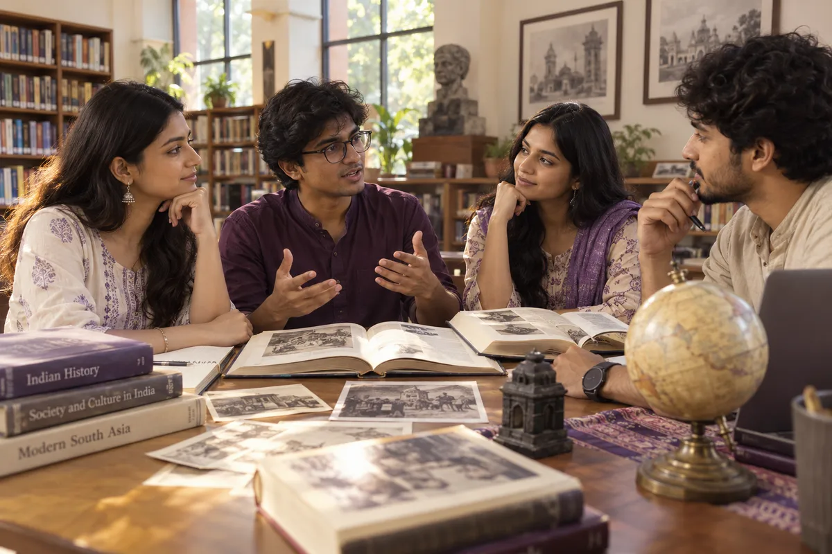 Illustrative humanities students discussing history books and society in a library