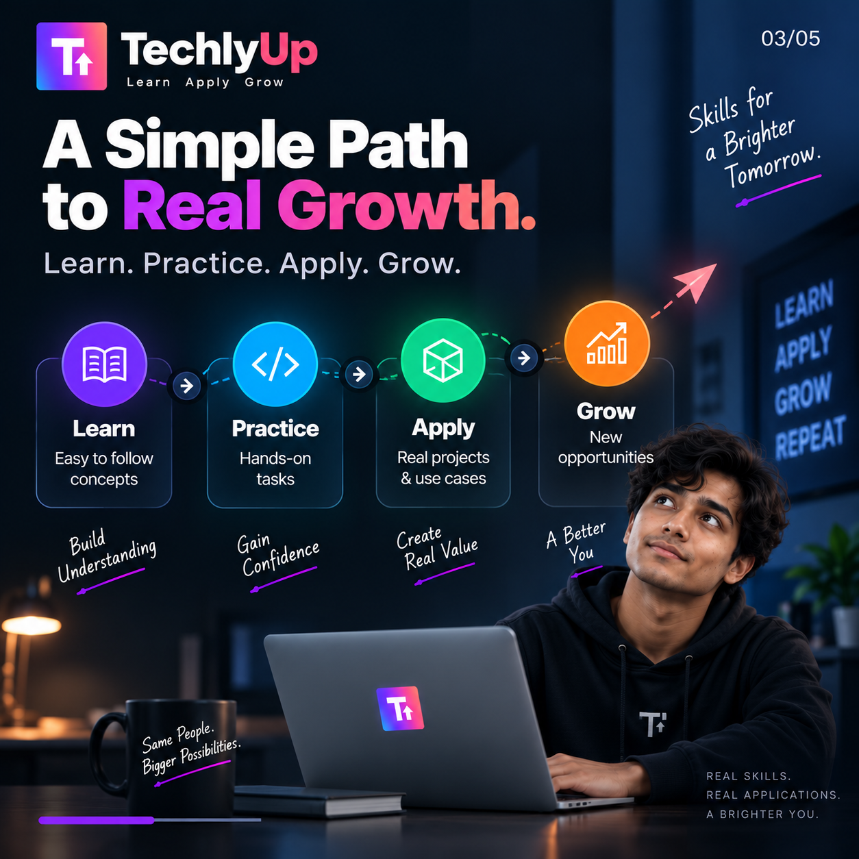 Campaign slide 3: a four-step learning path — learn, practice, apply, grow — under the headline “A Simple Path to Real Growth.”