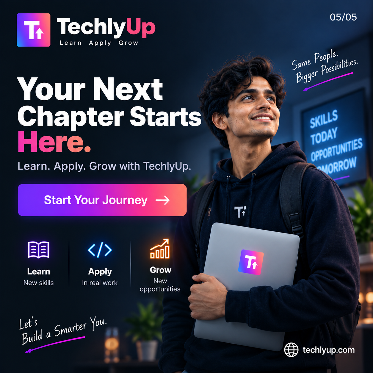 Campaign slide 6: a learner holding a laptop under the headline “Your Next Chapter Starts Here,” with a call to action to start the journey.