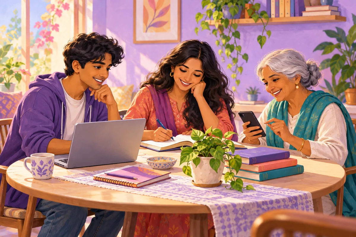 Illustration of a student, a working adult and an older learner learning together