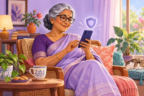 Illustration of an older learner confidently using a smartphone
