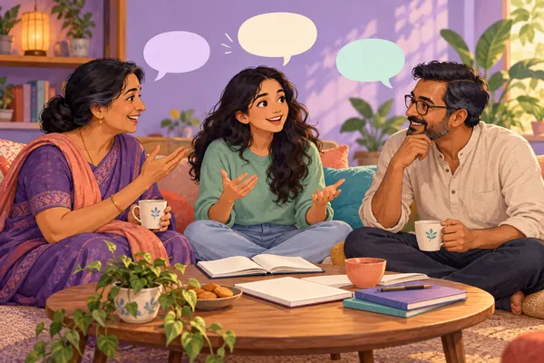 Illustration of learners practising friendly everyday conversation