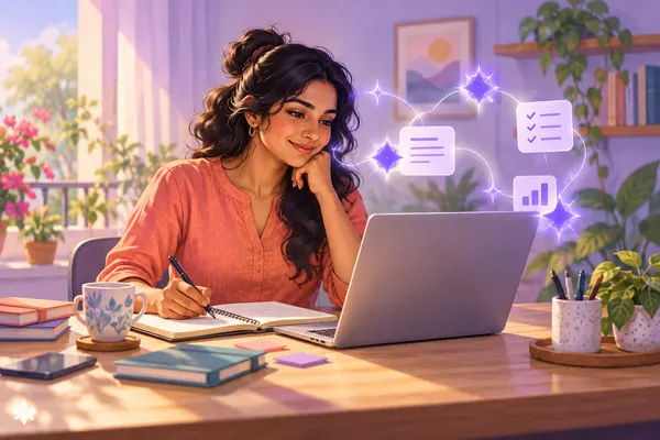 Illustration of a professional organizing work with a laptop and AI tools