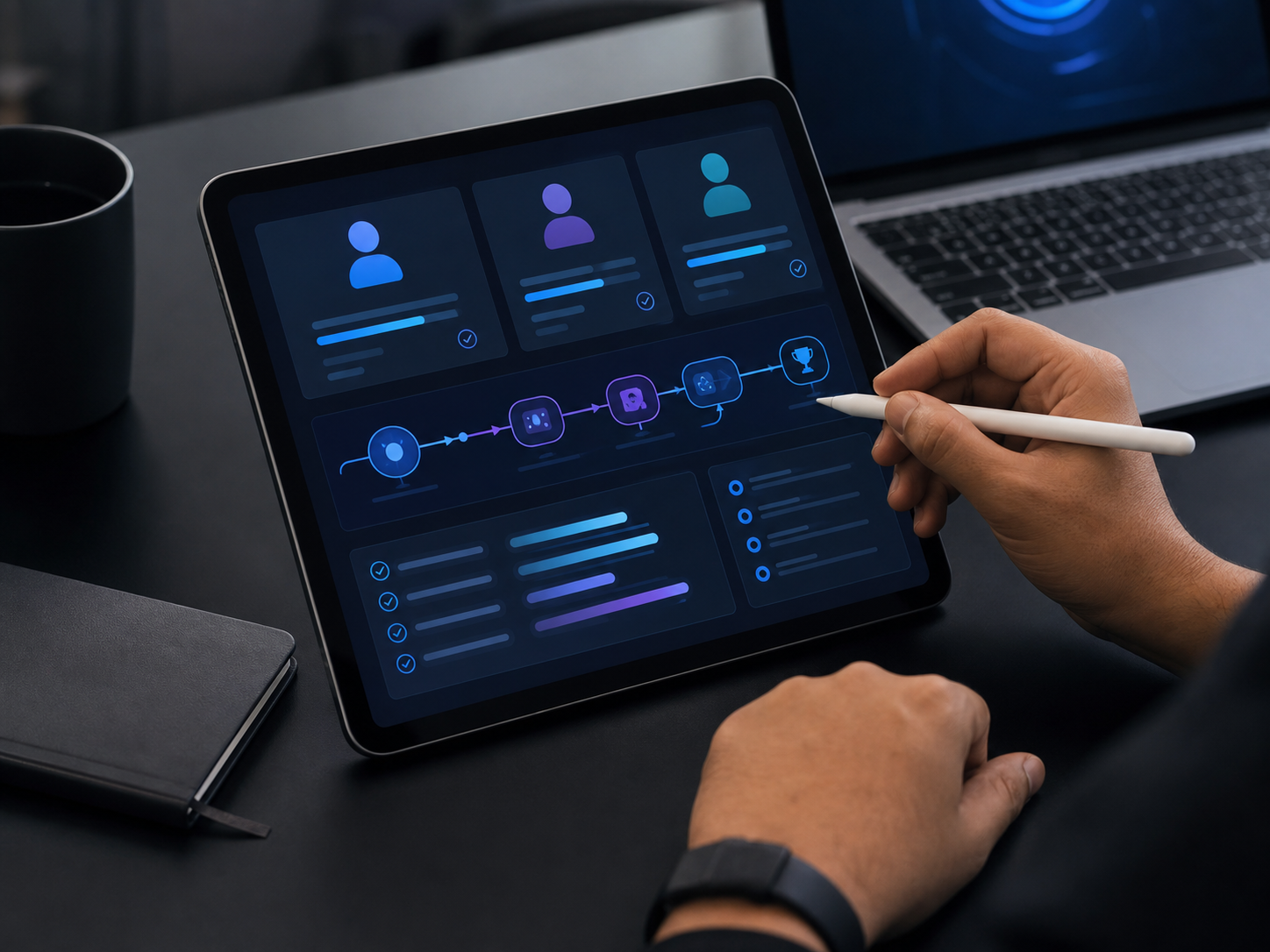 Tablet showing role-based AI training paths and progress for TechlyUp programs